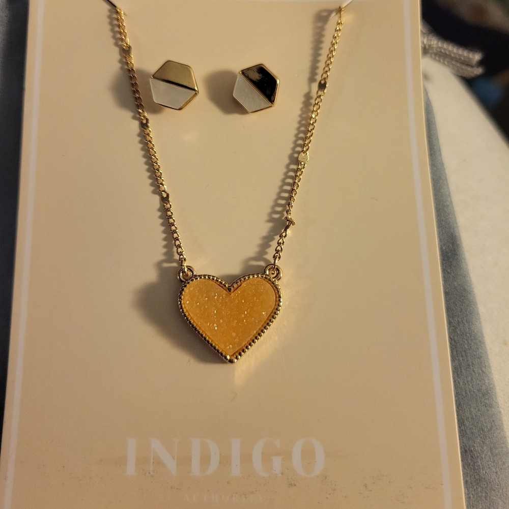 Indigo  Heart Necklace with Hexagon Earrings